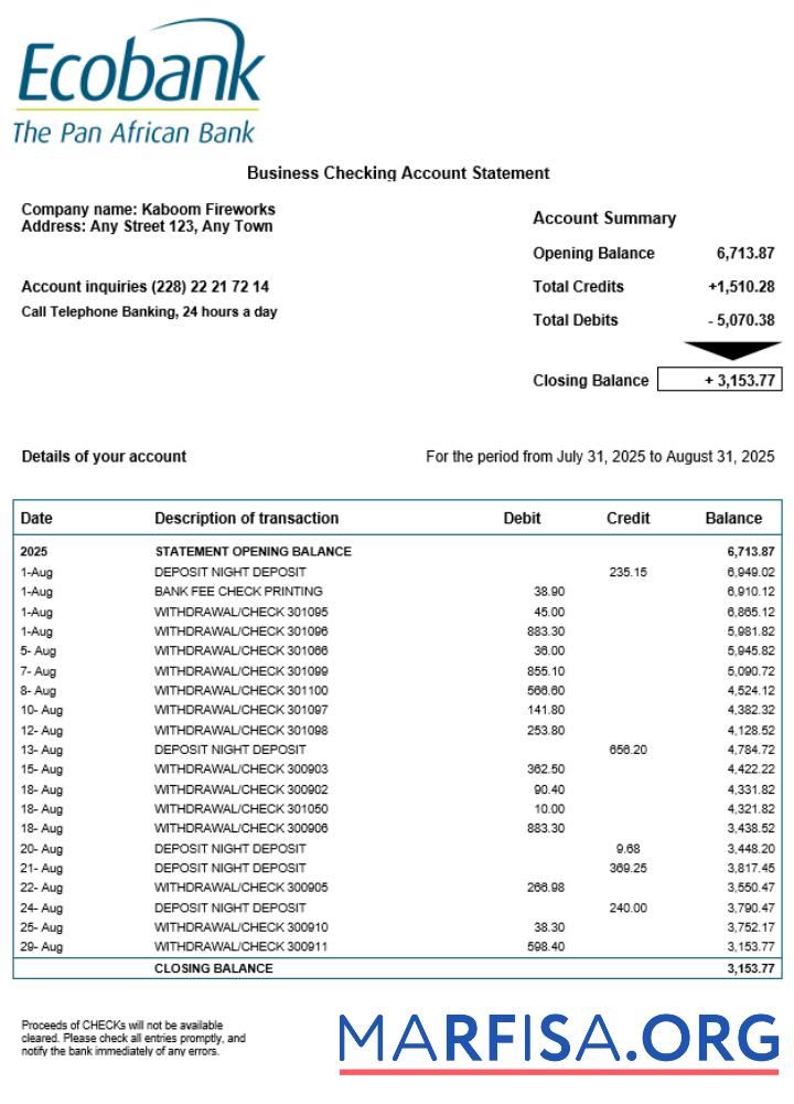 Printable Togo Ecobank organization checking account statement Word and PDF template